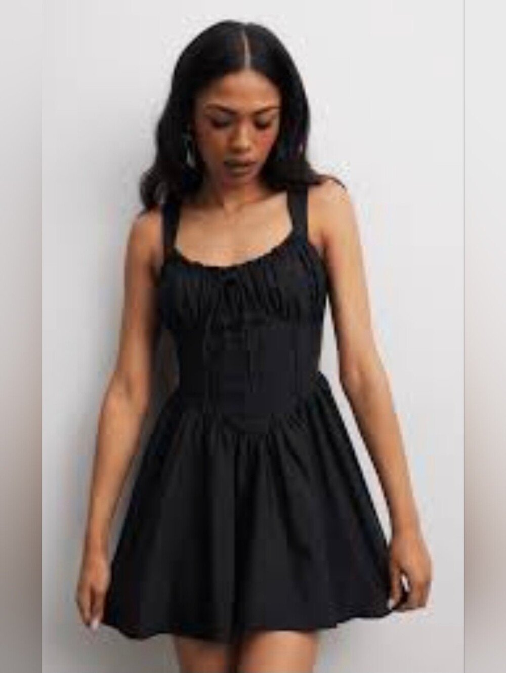 Mable Shoulder Tie Corset Panel Mini Dress In Black, small
